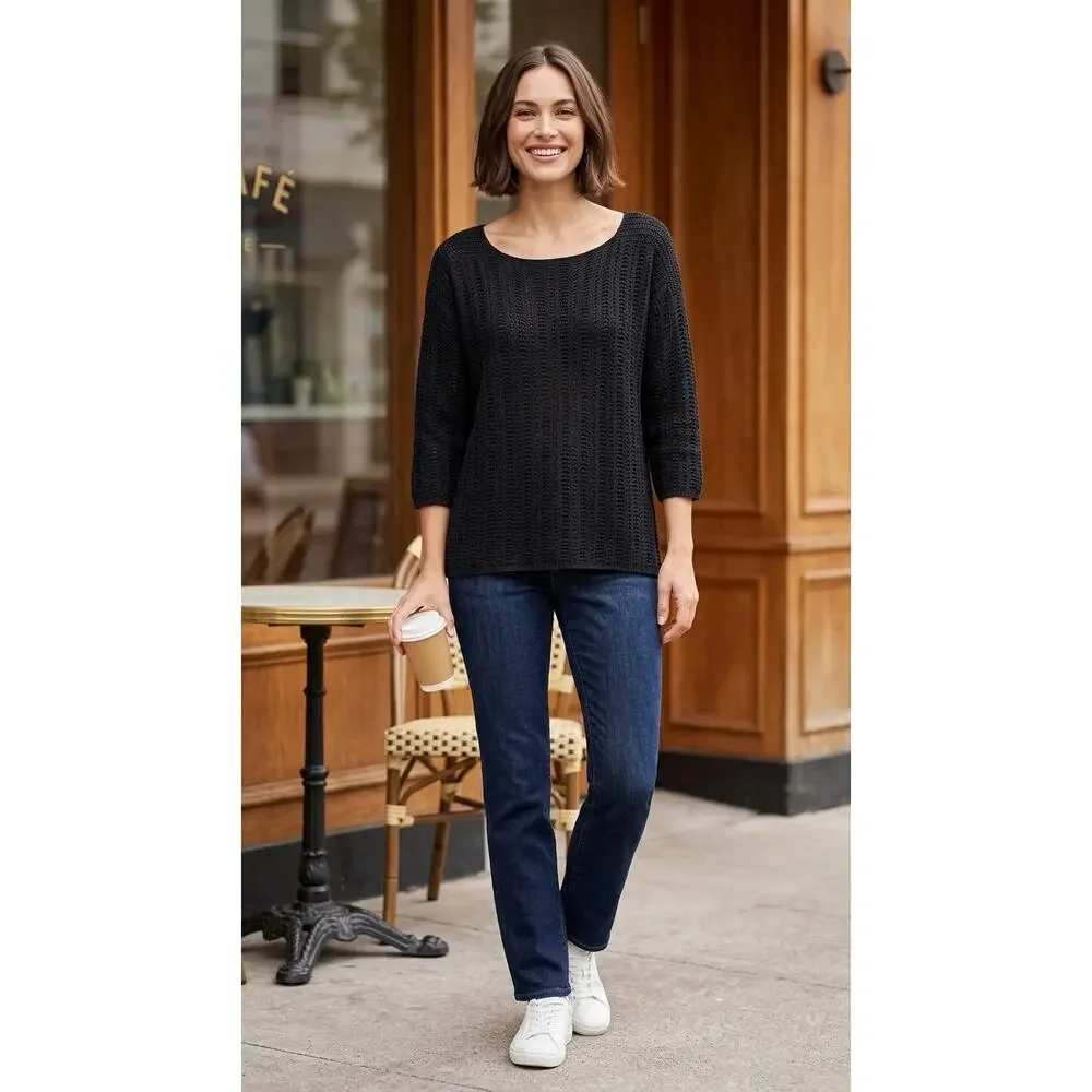 Ann Taylor Black Open Knit Scoop Neck 3/4 Sleeve Sweater Women Size L